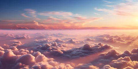 Türaufkleber Beautiful aerial view above clouds at sunset. Flying above clouds with sunlight. © Evgeny