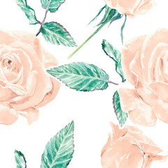 Roses seamless pattern, watercolor. Illustration of pastel flowers for wedding decor. Cards, packaging, napkins, textiles, birthday, Valentines day.