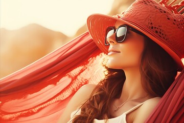 Attractive Woman in Red Hat and Sunglasses Relaxing and Enjoying on Hammock in a Tropical Paradise
