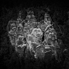 A black and white picture of rocks from Saxon Switzerland.