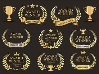 Award Winner emblem collection of gold laurel wreath vector illustration  