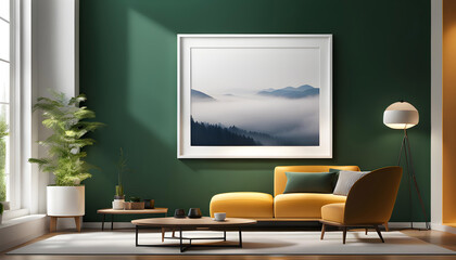 Living room interior mockup with photo frame for poster on the wall of the house. Modern interior design with finishing. 3D rendering,