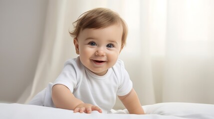 Fototapeta premium Joyful baby on a soft white bed reaches out with a tiny hand, smiling playfully against a neat, light backdrop, capturing a moment of innocent curiosity.