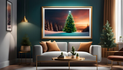 Living room interior mockup with photo frame for poster on the wall of the house. Modern interior design with finishing. 3D rendering,