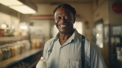Obraz premium 50-year-old male milkman, African American, in a dairy
