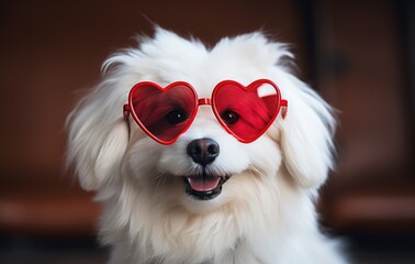 a dog wearing heart shaped glasses on its face