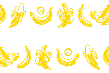 Wabi sabi paper tape bananas, watercolor paper tape with banana vector seamless pattern frame. Tropical border. Naive hand-drawn crayons fruit backdrop. Bananas ornament.