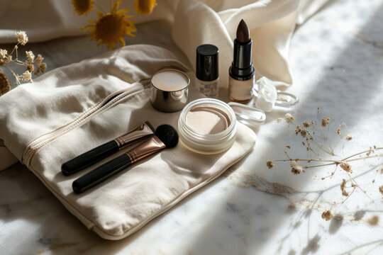 A minimalist image of a makeup pouch with carefully arranged products