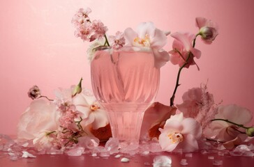 a pink cocktail with ice in it surrounded by pink flowers