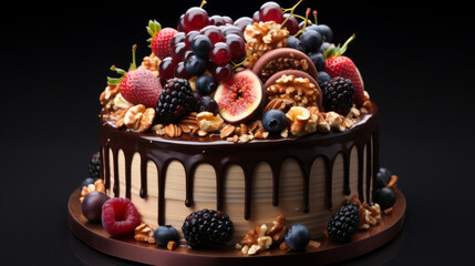 a whole beautiful cake with hazelnuts and fruits 