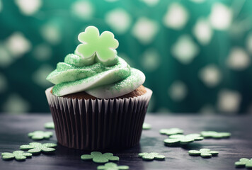 A st patrick s day cupcake with vivid green icing and candy clovers and shamrocks - obrazy, fototapety, plakaty