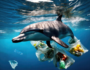 Un dauphin qui nage au milieu de pollution plastique - Generative AI