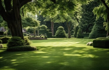 a lawn with a garden area full of hedges and trees