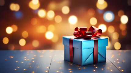 A card with a gift box on it on a table with lights in the background and a blurry background