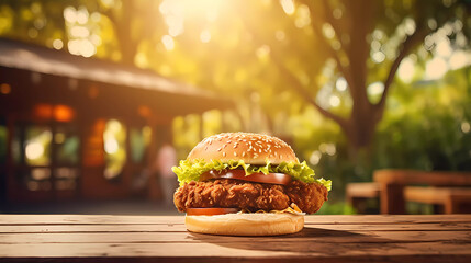 A chicken sandwich on a bun on a table outside with a tree in the background in the background is a wooden table