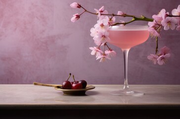 a cocktail with pink color on a concrete counter