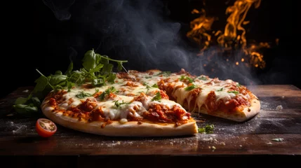 Foto op Plexiglas Photo of a cheese pizza surrounded by smoke on a black background  © lastfurianec