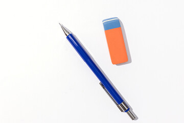 Drafting Mechanical pencil and eraser on white background. Technical design concept. Copy space