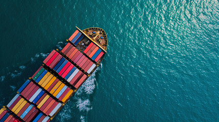 Fototapeta premium Top view of a cargo ship sailing in the water, loaded with containers, concept of international shipping and transportation