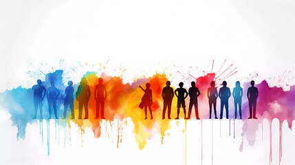 A group of people standing in a line with a rainbow painted background behind them and a white background behind them