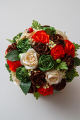 topiary pink flowers in a ceramic pot, flowers in a cup, card with flowers