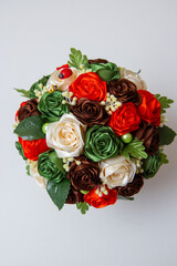 topiary pink flowers in a ceramic pot, flowers in a cup, card with flowers