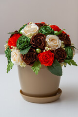 topiary pink flowers in a ceramic pot, flowers in a cup, card with flowers