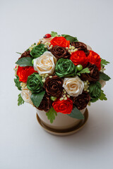 topiary pink flowers in a ceramic pot, flowers in a cup, card with flowers