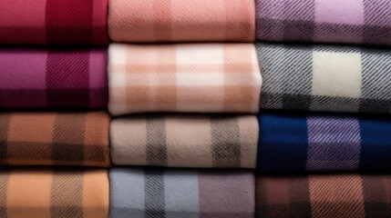 Tartan Scarfs in a Stack, luxury cashmere textured fabric with plaid pattern in stacking background. - obrazy, fototapety, plakaty