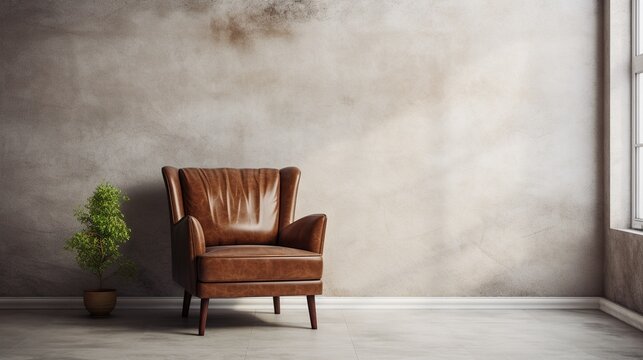Luxury vintage brown leather Armchair against beige blank Wall Interior space in a large empty room with shadows, copy space, vertical backgrounds.