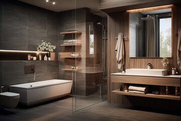 Bath space with smooth surfaces and minimalistic detailing. Natural and neutral color tones