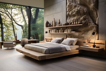Bedroom with a spacious, minimally designed bed and neutral bedding for a serene atmosphere