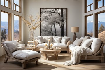 Living room adorned in the Scandinavian style. Plush, cozy furniture with clean lines, creating a welcoming and comfortable space for relaxation
