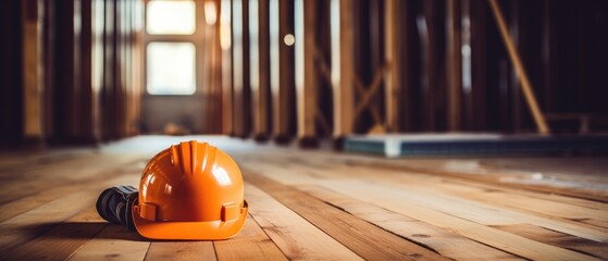 construction hard hat on wooden floor