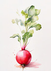 Radish with leaves. Hand drawn watercolor painting on white background.