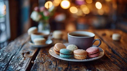 Foto op Plexiglas copy space with stock of macarons dessert on white plate © olegganko