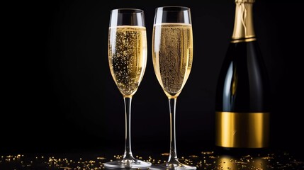 glass of champagne for new year's eve celebration, studio photo, isolated black background
