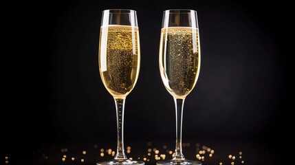 glass of champagne for new year's eve celebration, studio photo, isolated black background