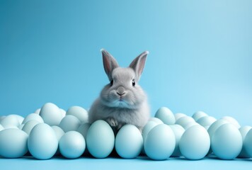 Fototapeta premium easter bunnies and easter eggs around a blue background