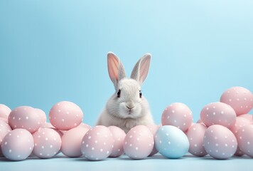 Fototapeta premium easter bunnies and easter eggs around a blue background