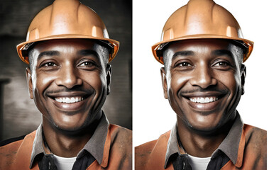 Portrait of a black male construction worker with a yellow safety helmet and a wide smile - obrazy, fototapety, plakaty