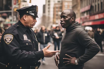 Poster A police officer is talking to an African-American man on the street. © Dzmitry