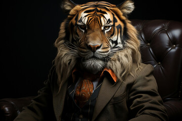 a tiger in a classic costume. a businessman with the head of a tiger. a feline predator.