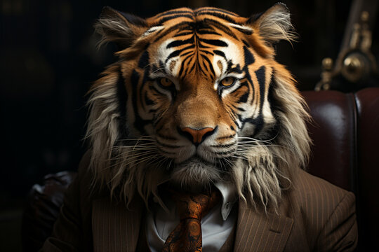Fototapeta a tiger in a classic costume. a businessman with the head of a tiger. a feline predator.