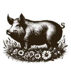 Vector drawing of a pig and in vintage style - 697036514