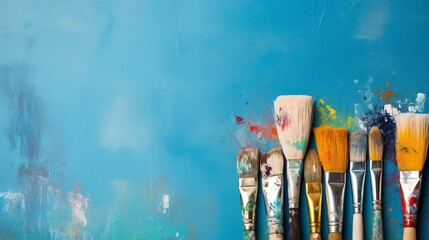 Artist's Paintbrushes on blue textured grunge backgrounds with copy space. 