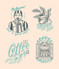 Set of coffee in vintage style. Woman and man with a cup of drink. Vintage badge or logo set for t-shirts, typography, shop or signboards. Beans and leaves. Hand Drawn engraved sketch. 