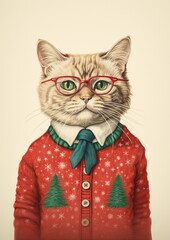 Cat wearing a Christmas sweater, cat Christmas card, portrait of a cat with knitted jumper, pet winter fashion, vintage style funny animal portrait.
