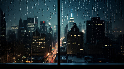 City at night through window with rain drops
