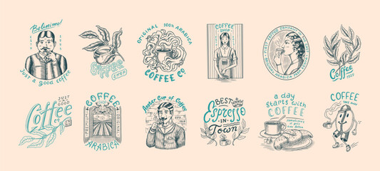 Set of coffee in vintage style. Woman and man with a cup of drink. Vintage badge or logo set for t-shirts, typography, shop or signboards. Beans and leaves. Hand Drawn engraved sketch.  - obrazy, fototapety, plakaty